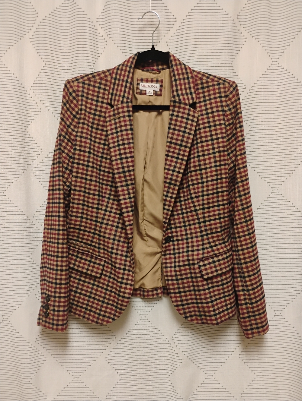 Merona Multicolor Plaid Blazer Red Tan Checks Rayon Wool Blend Women's Size 10